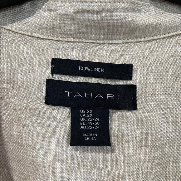Tahari 100% Linen Beige V-Neck Tunic Top Size 2X Relaxed Fit Minimalist Neutral - Picture 3 of 6